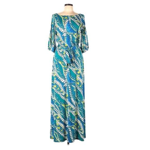 NIKKI POULOS, Turquoise/lime green print cold shoulder maxi Hydra dress - Picture 12 of 15